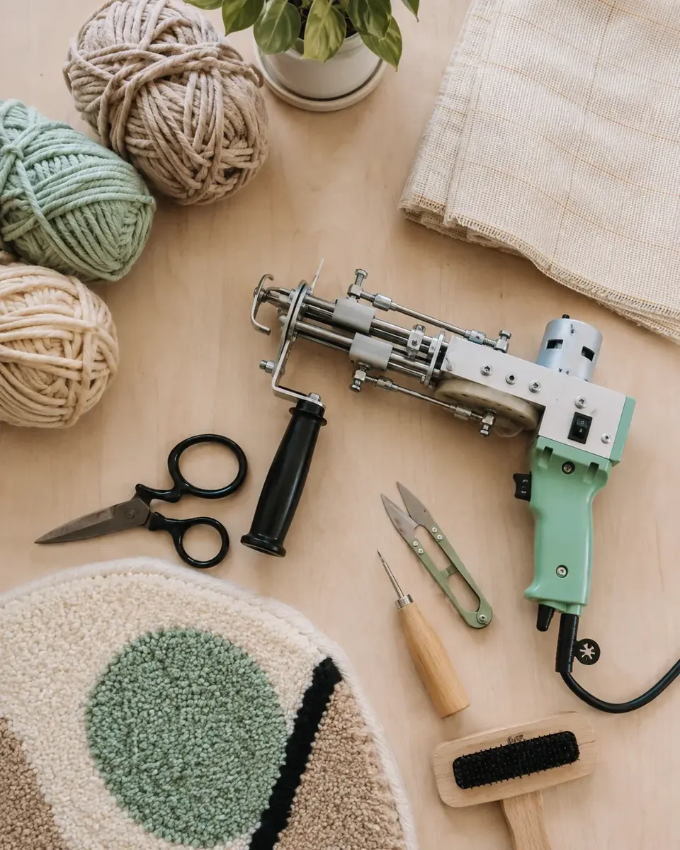 Pistola de tufting, hilos, tijeras y herramientas sobre una mesa de trabajo