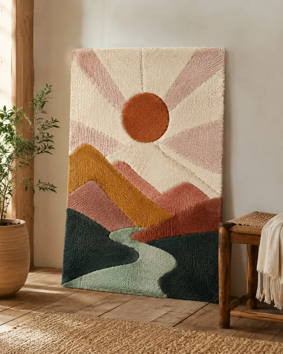 Alfombra de tufting con diseño de paisaje, montañas y sendero