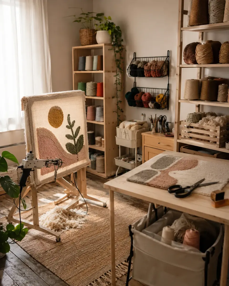 Espacio creativo de tufting con bastidor, hilos y herramientas organizadas