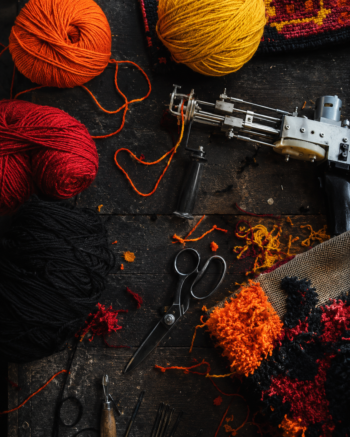 Materiales y herramientas utilizados para hacer tufting