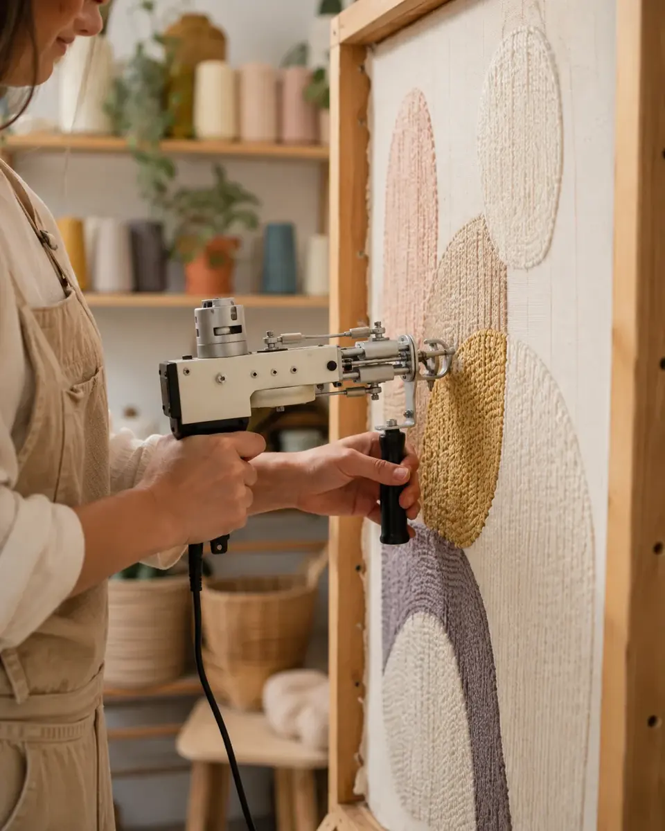 Persona utilizando una pistola de tufting sobre un bastidor con tela tensada